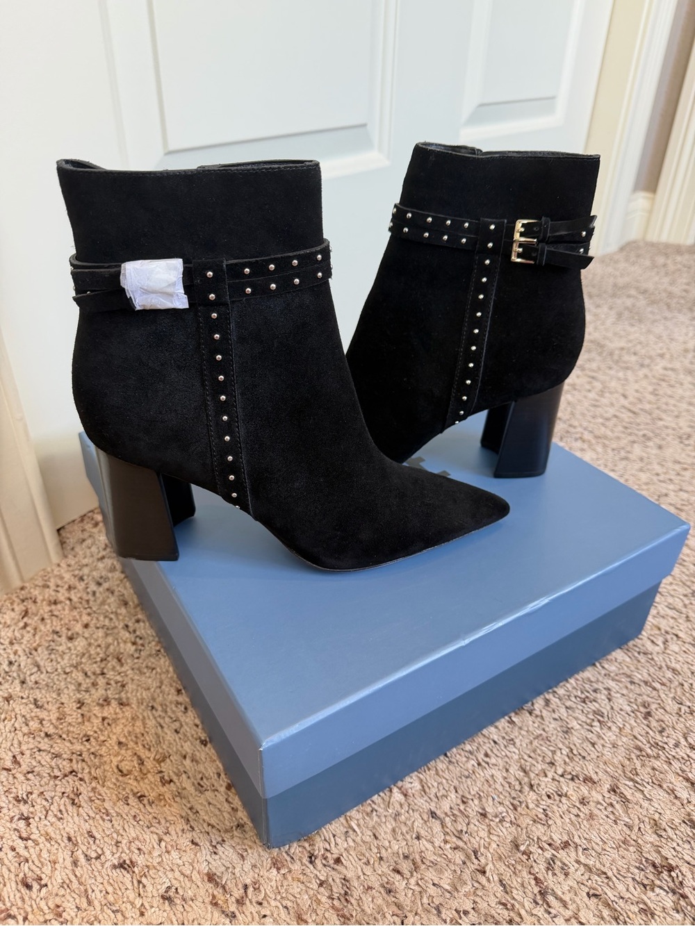 PAIGE Black Suede Studded Ankle Boots with Buckle